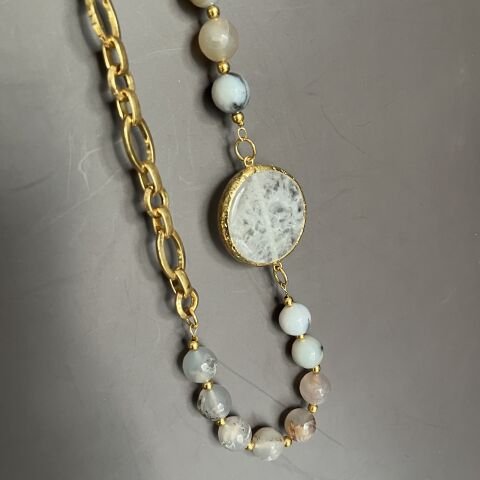 Gri Akik-Kuvars Kolye 90 cm