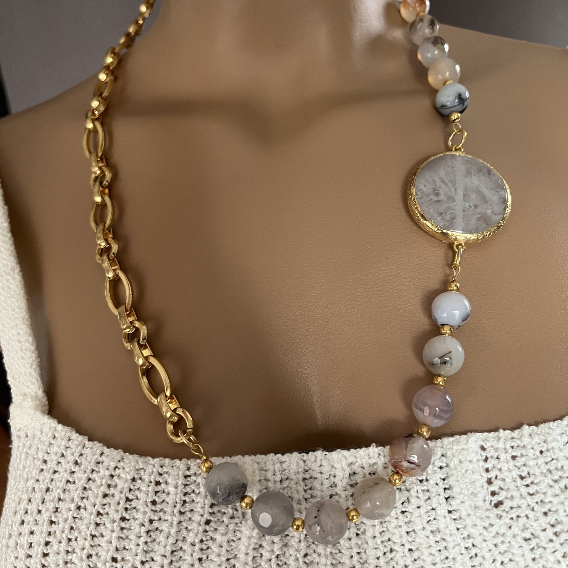 Gri Akik-Kuvars Kolye 90 cm