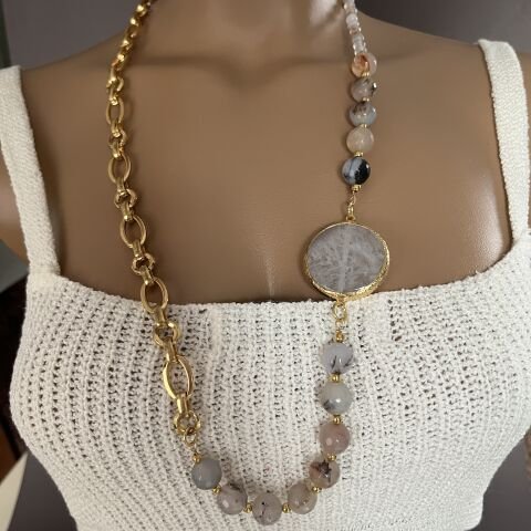 Gri Akik-Kuvars Kolye 90 cm