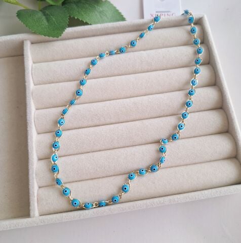 MAVİ BONCUKLU XUPİNG KOLYE 14 AYAR ALTIN RENGİ