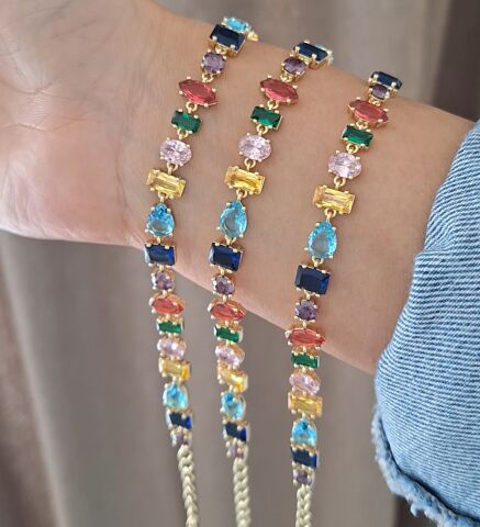 RENKLİ TAŞLI XUPİNG BİLEKLİK 14 AYAR ALTIN RENGİ