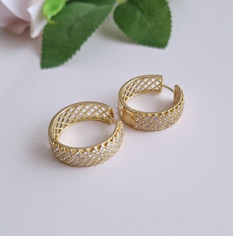 14 K ALTIN RENGİ TAŞLI XUPİNG HALKA KÜPE Büyük Boy