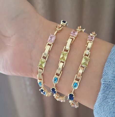 XUPİNG RENKLİ TAŞLI BİLEKLİK 14 AYAR ALTIN RENGİ