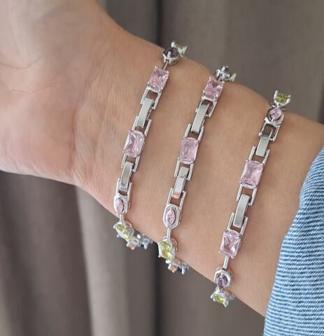 GÜMÜŞ RENK XUPİNG BİLEKLİK RENKLİ TAŞLI