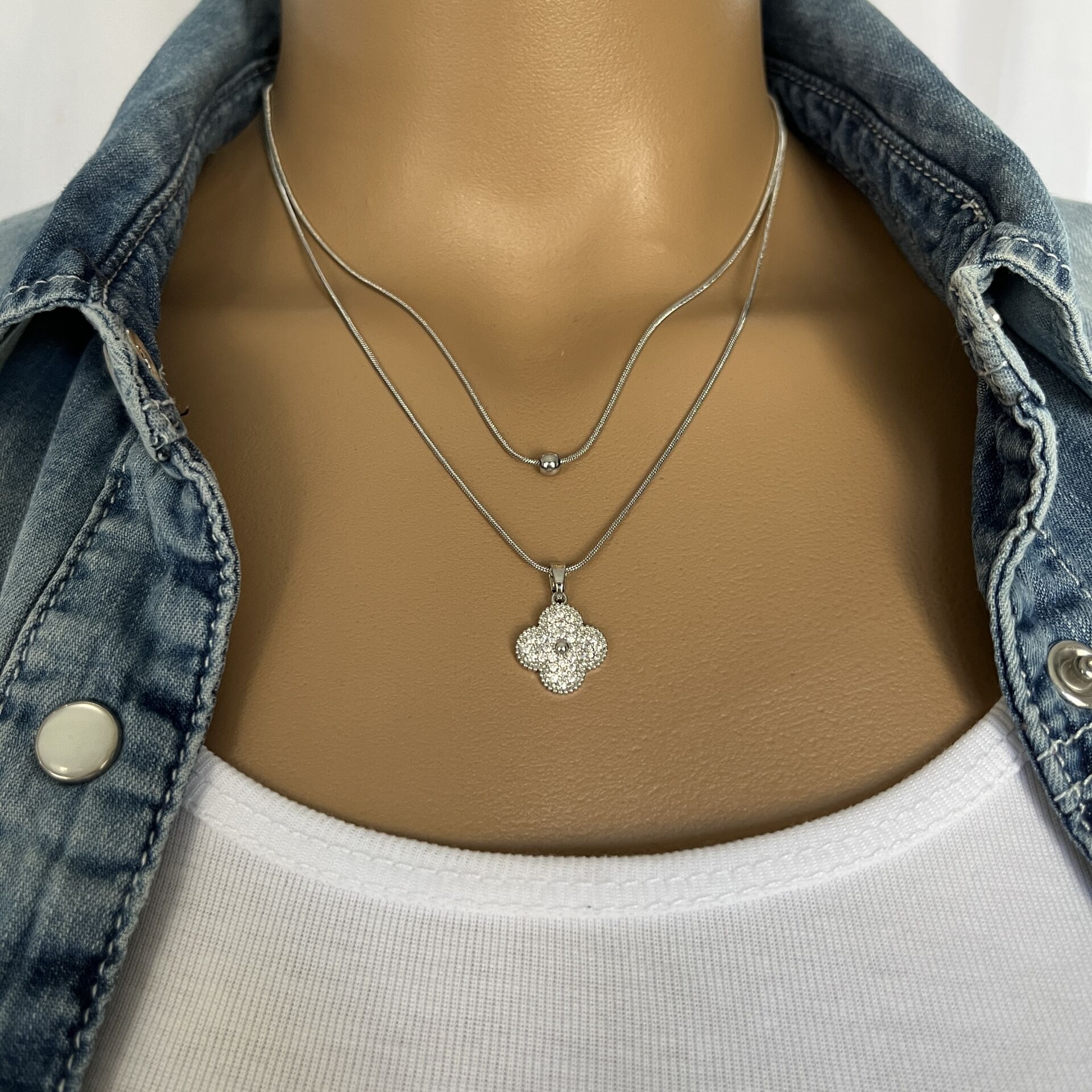 ÇELİK KOLYE İKİLİ  GÜMÜŞ RENK