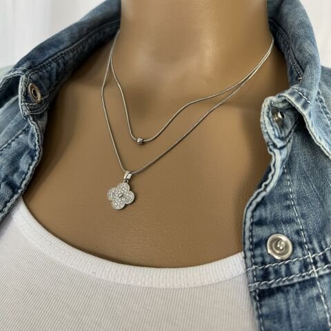 ÇELİK KOLYE İKİLİ  GÜMÜŞ RENK