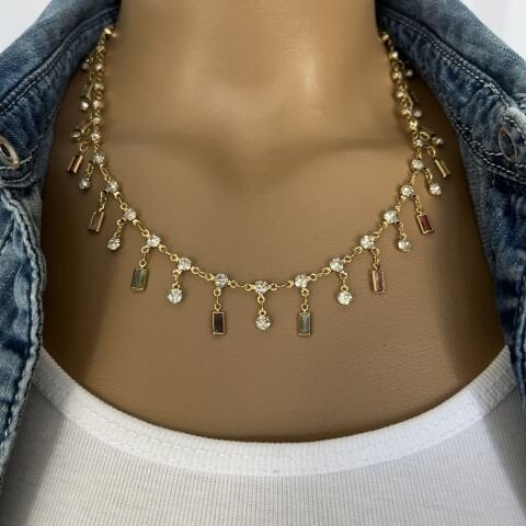 GOLD RENK TAŞLI ÇELİK KOLYE-BİLEKLİK TAKIMI