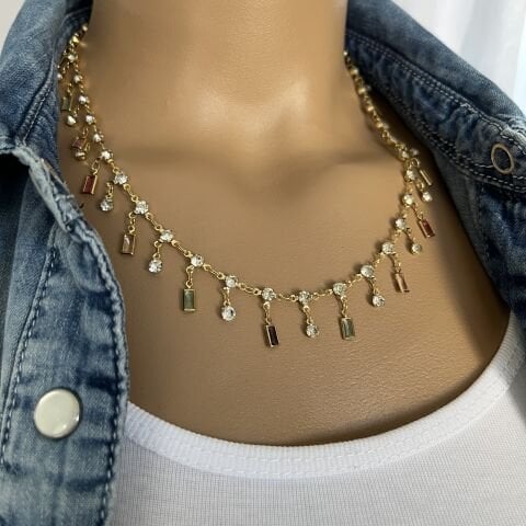 GOLD RENK TAŞLI ÇELİK KOLYE-BİLEKLİK TAKIMI