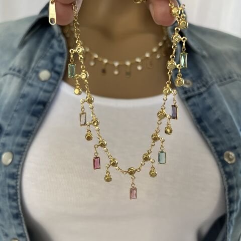 GOLD RENK TAŞLI ÇELİK KOLYE-BİLEKLİK TAKIMI