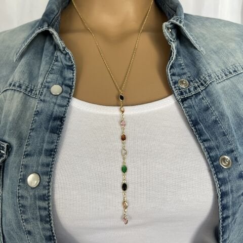 ÇELİK Y KOLYE RENKLİ TAŞLI GOLD RENK