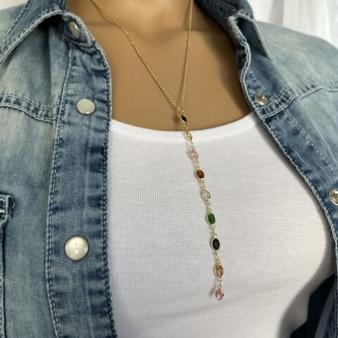 ÇELİK Y KOLYE RENKLİ TAŞLI GOLD RENK