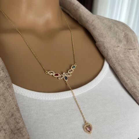 ÇELİK  KOLYE RENKLİ TAŞLI GOLD RENK