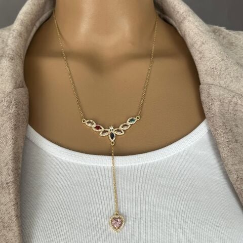 ÇELİK  KOLYE RENKLİ TAŞLI GOLD RENK