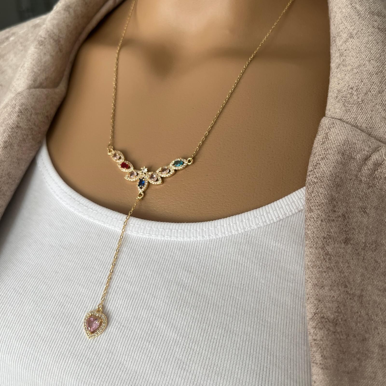 ÇELİK  KOLYE RENKLİ TAŞLI GOLD RENK