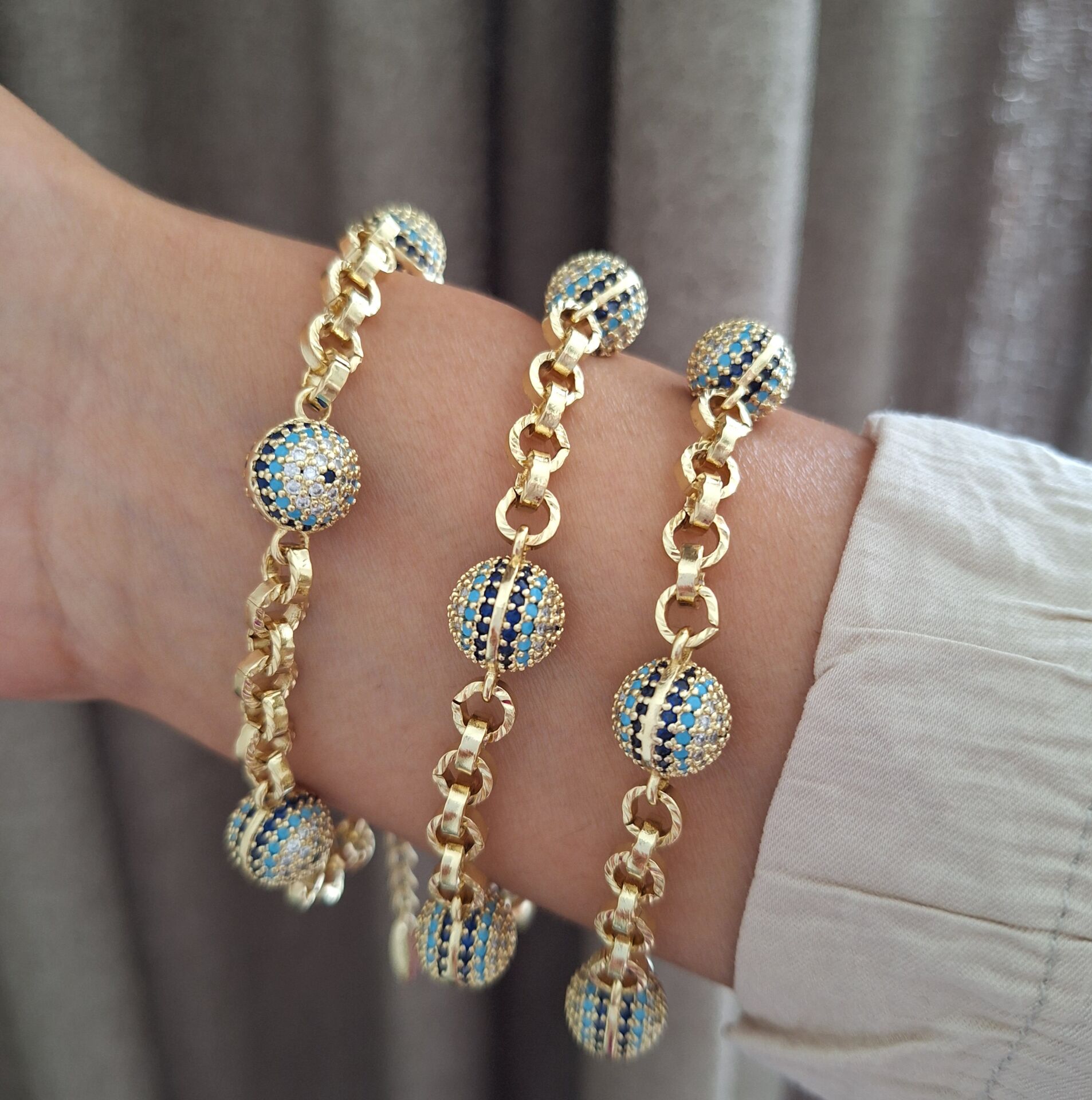 MAVI BONCUKLU XUPİNG BİLEKLİK 14 AYAR ALTIN RENGİ