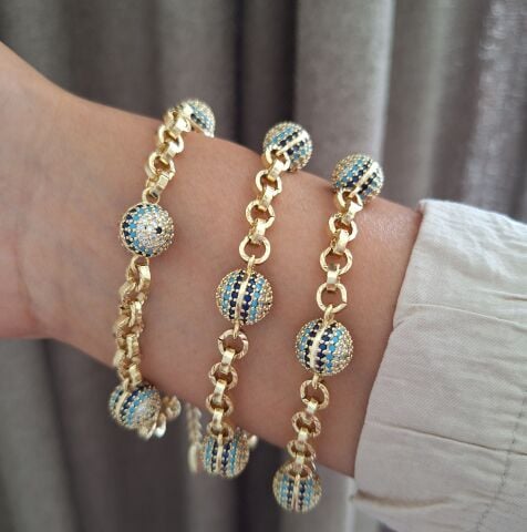 MAVI BONCUKLU XUPİNG BİLEKLİK 14 AYAR ALTIN RENGİ