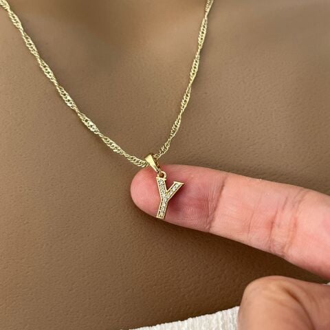 XUPING TAŞLI HARF KOLYE (Y) 14 AYAR GÖRÜNÜMLÜ