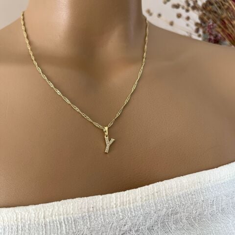 XUPING TAŞLI HARF KOLYE (Y) 14 AYAR GÖRÜNÜMLÜ