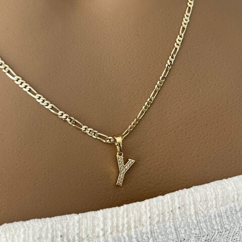 XUPING TAŞLI HARF KOLYE (Y) 14 AYAR GÖRÜNÜMLÜ