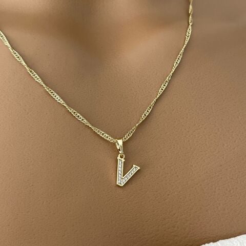 XUPING TAŞLI HARF KOLYE (V) 14 AYAR GÖRÜNÜMLÜ