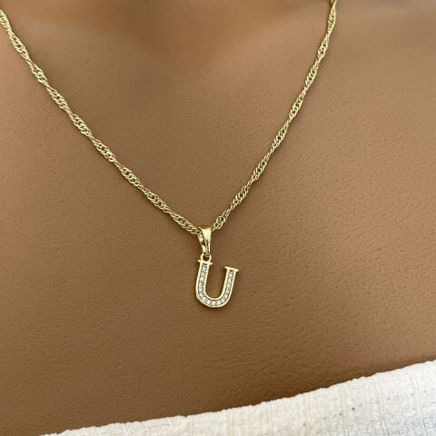 XUPING TAŞLI HARF KOLYE (U) 14 AYAR GÖRÜNÜMLÜ