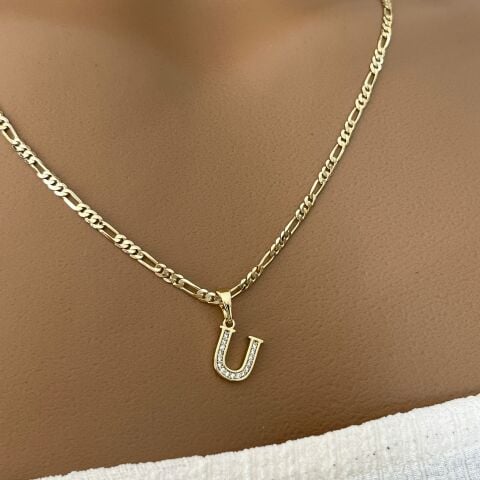 XUPING TAŞLI HARF KOLYE (U) 14 AYAR GÖRÜNÜMLÜ