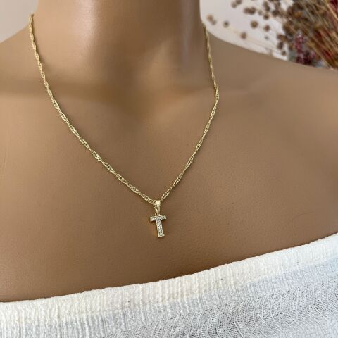 XUPING TAŞLI HARF KOLYE (T) 14 AYAR GÖRÜNÜMLÜ