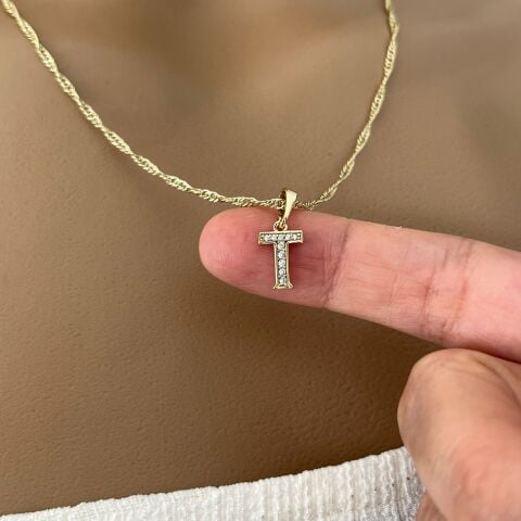 XUPING TAŞLI HARF KOLYE (T) 14 AYAR GÖRÜNÜMLÜ