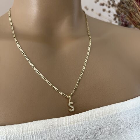 XUPING TAŞLI HARF KOLYE (S) 14 AYAR GÖRÜNÜMLÜ