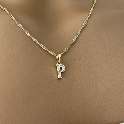 XUPING TAŞLI HARF KOLYE (P) 14 AYAR GÖRÜNÜMLÜ