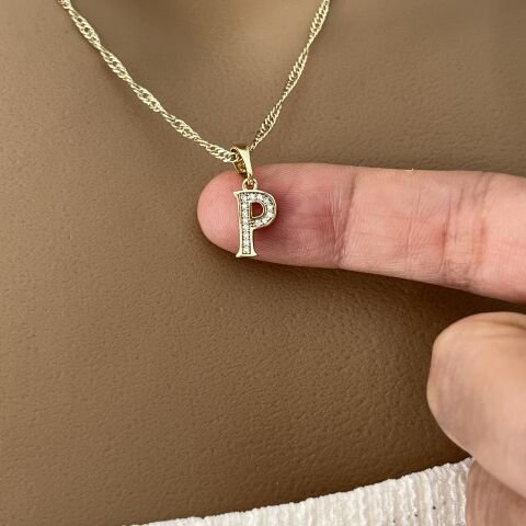 XUPING TAŞLI HARF KOLYE (P) 14 AYAR GÖRÜNÜMLÜ