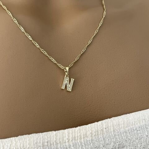 XUPING TAŞLI HARF KOLYE (N) 14 AYAR GÖRÜNÜMLÜ