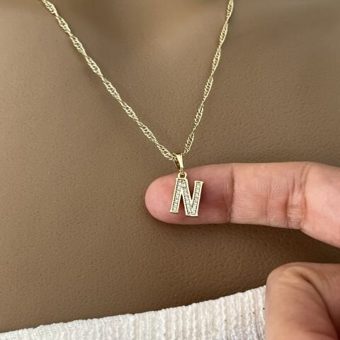 XUPING TAŞLI HARF KOLYE (N) 14 AYAR GÖRÜNÜMLÜ