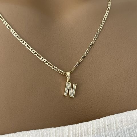 XUPING TAŞLI HARF KOLYE (N) 14 AYAR GÖRÜNÜMLÜ