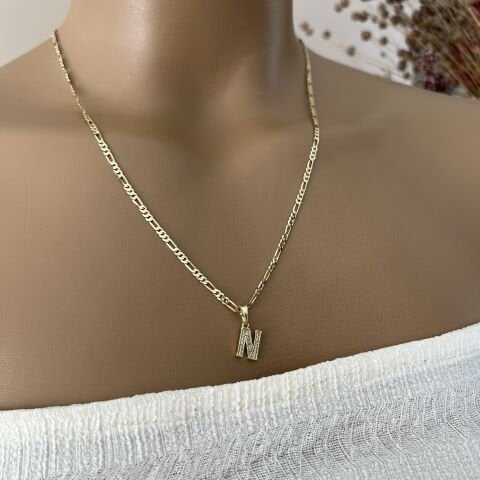 XUPING TAŞLI HARF KOLYE (N) 14 AYAR GÖRÜNÜMLÜ