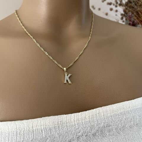 XUPING TAŞLI HARF KOLYE (K) 14 AYAR GÖRÜNÜMLÜ