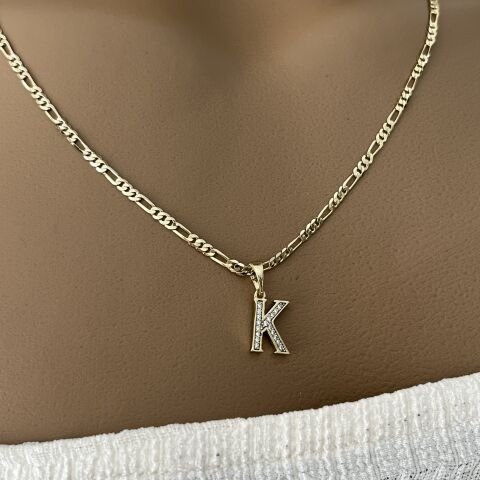 XUPING TAŞLI HARF KOLYE (K) 14 AYAR GÖRÜNÜMLÜ