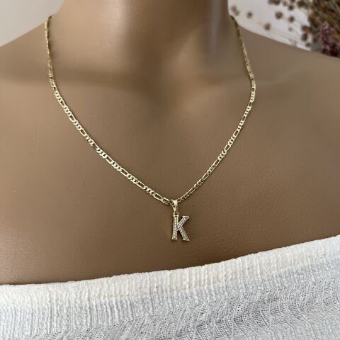 XUPING TAŞLI HARF KOLYE (K) 14 AYAR GÖRÜNÜMLÜ