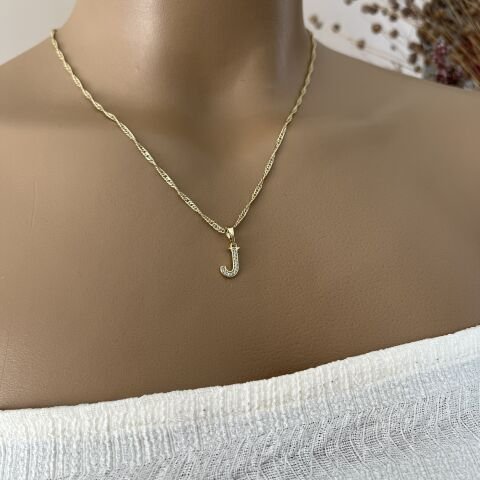 XUPING TAŞLI HARF KOLYE (J) 14 AYAR GÖRÜNÜMLÜ