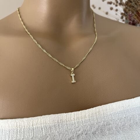 XUPING TAŞLI HARF KOLYE (I) 14 AYAR GÖRÜNÜMLÜ