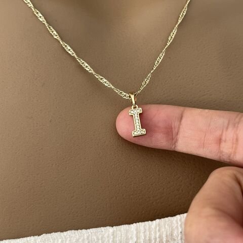 XUPING TAŞLI HARF KOLYE (I) 14 AYAR GÖRÜNÜMLÜ