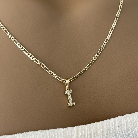 XUPING TAŞLI HARF KOLYE (I) 14 AYAR GÖRÜNÜMLÜ