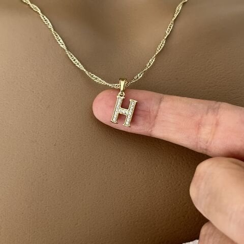 XUPING TAŞLI HARF KOLYE (H) 14 AYAR GÖRÜNÜMLÜ