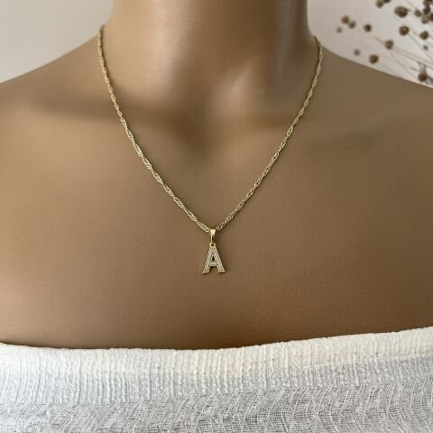 XUPING TAŞLI HARF KOLYE (A) 14 AYAR GÖRÜNÜMLÜ