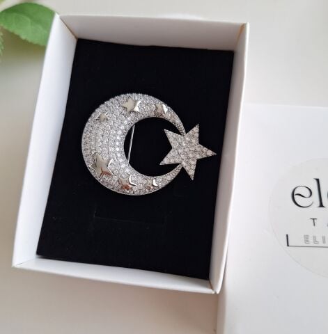 GÜMÜŞ RENK AY-YILDIZ BROŞ